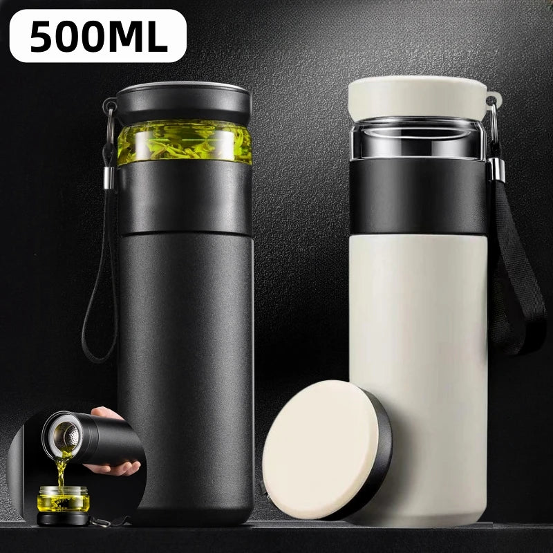 Tea thermos with infuser and carry handle, 500ml, fits standard cup holder