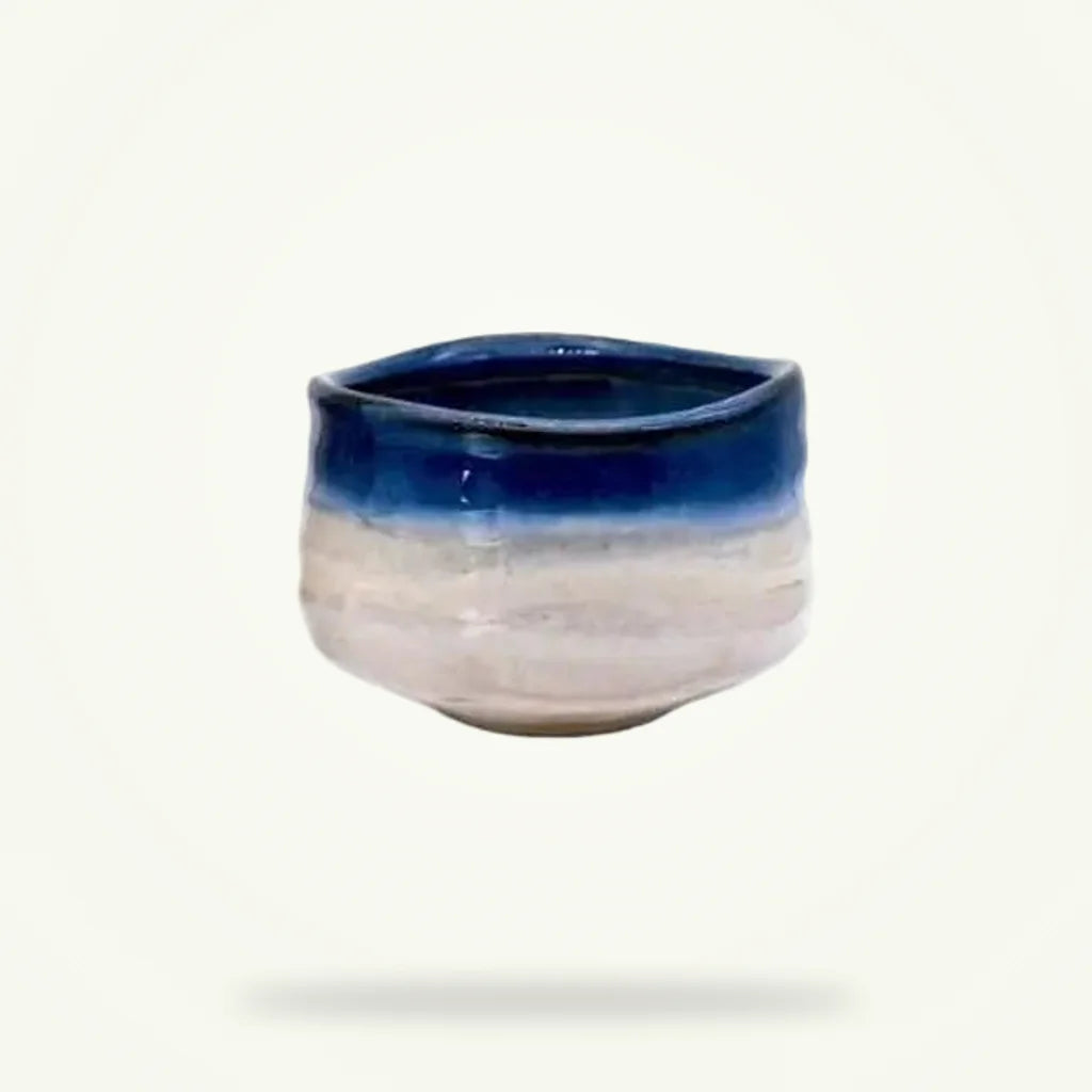 Japanese Blue & White Chawan Tea Bowl - Handcrafted Matcha Bowl, product photo on a plain background