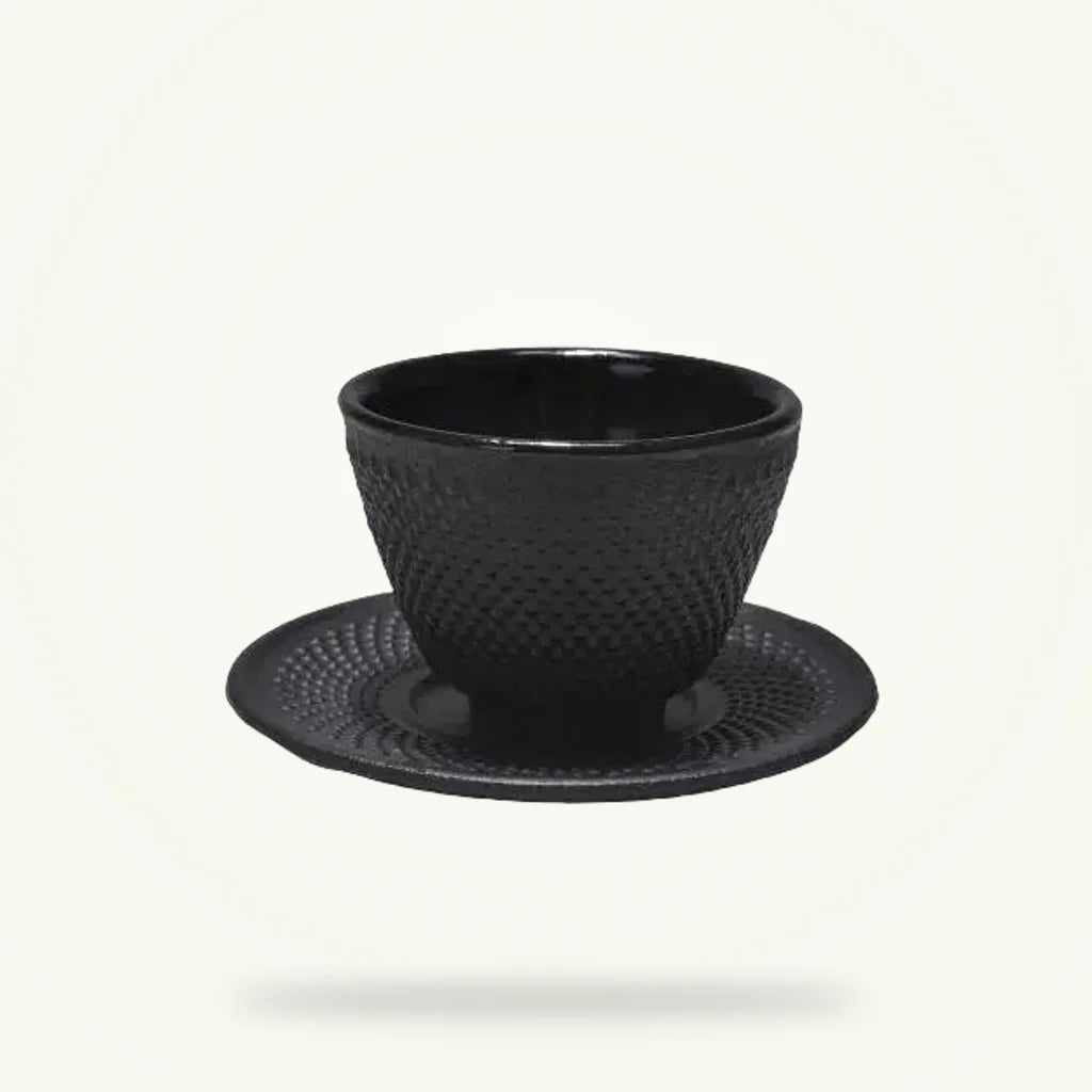 Japanese cast iron teacup with saucer in black iron finish, product photo on plain background