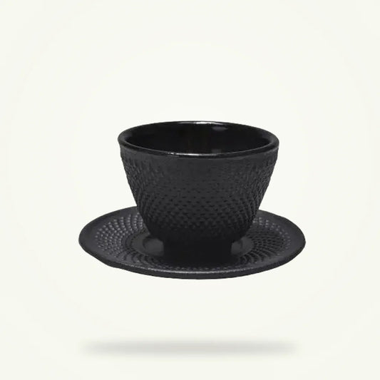 Japanese cast iron teacup with saucer in black iron finish, product photo on plain background