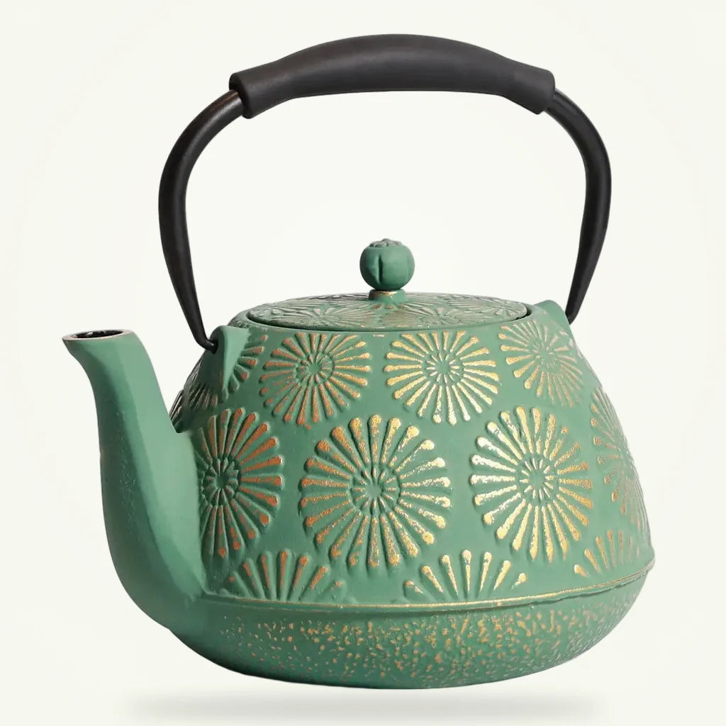 Japanese Cast Iron Teapot 1.2L - Green Enameled Cast Iron Teapot, product photo on a plain background