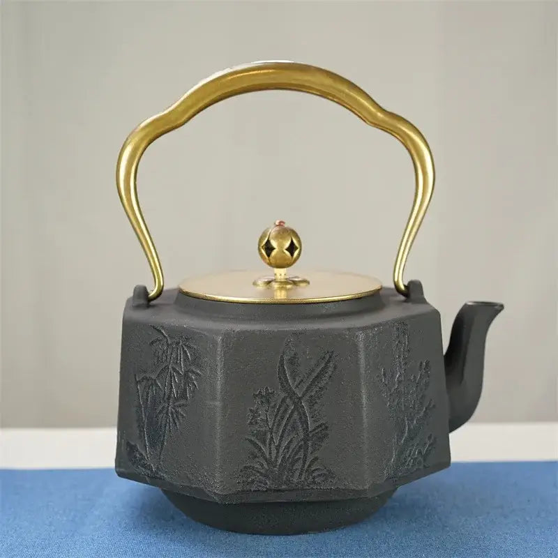 Close-up of cast iron teapot spout and ergonomic handle detail