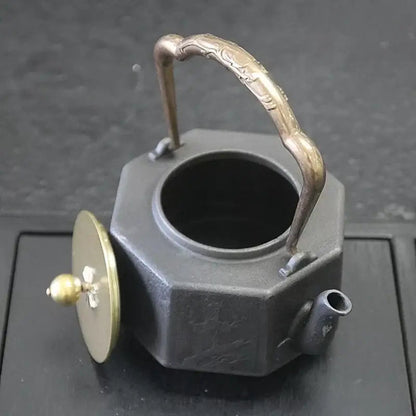 Japanese tetsubin teapot pouring hot tea into white cup