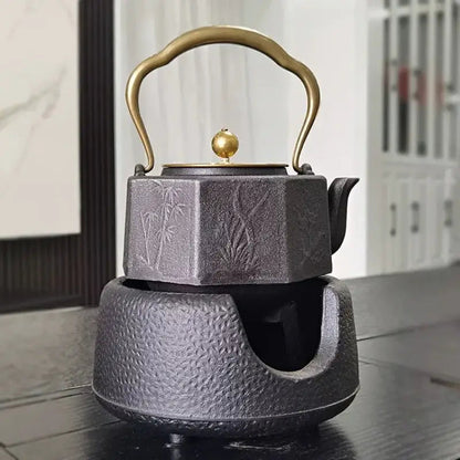 Cast iron tetsubin teapot with ceramic cup and loose-leaf green tea