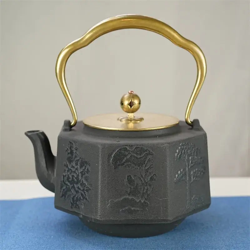 Japanese cast iron teapot with steam rising, loose-leaf brew in progress
