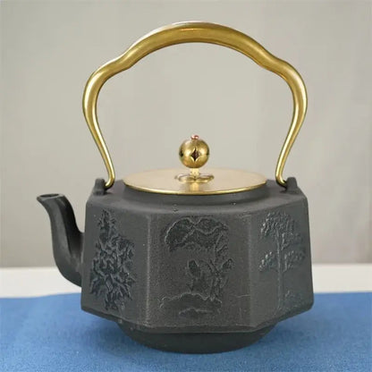Japanese cast iron teapot with steam rising, loose-leaf brew in progress