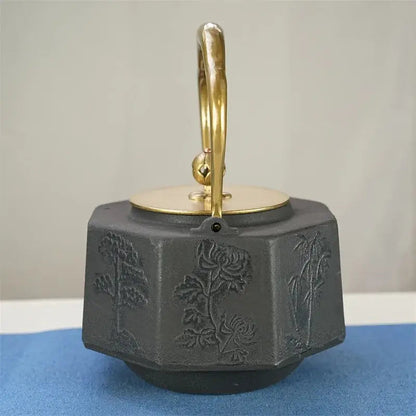 Textured cast iron tetsubin teapot showing traditional Japanese surface pattern