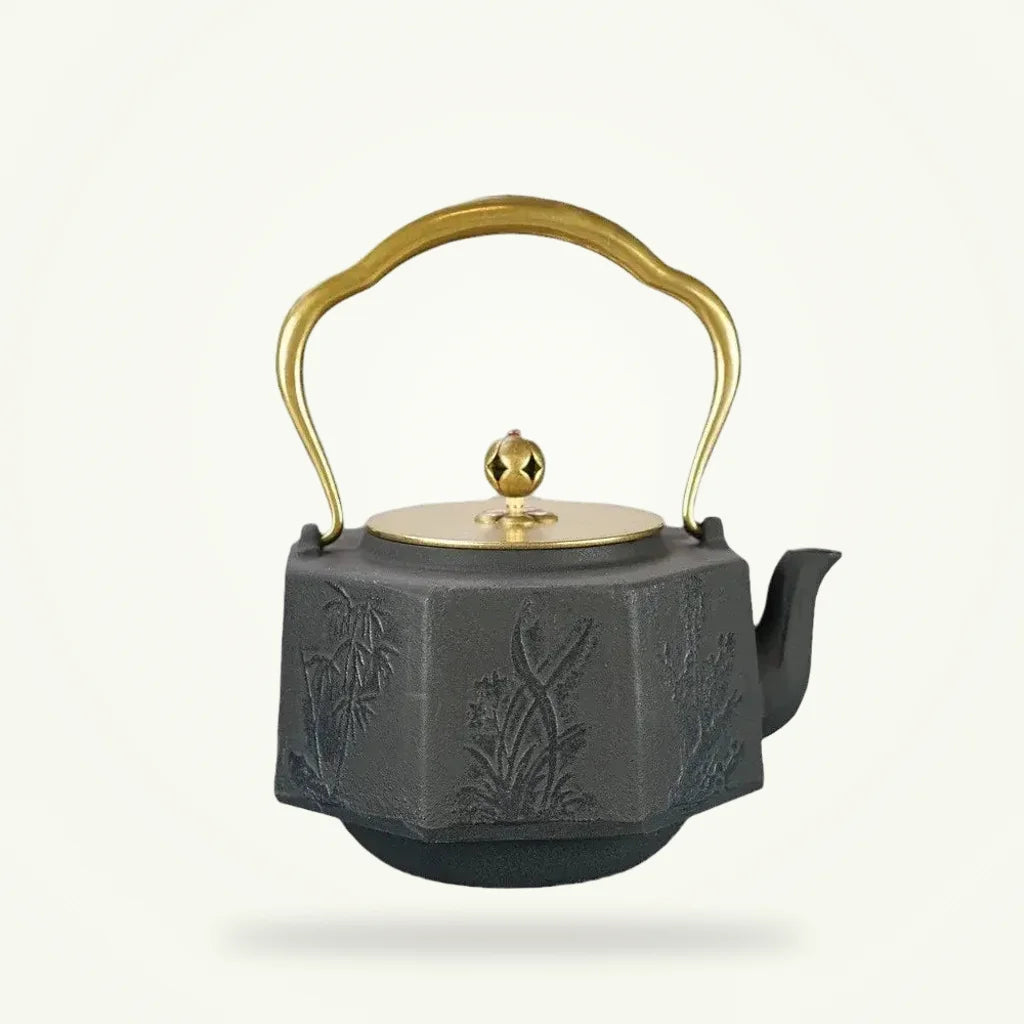 Japanese cast iron teapot 1.2L handcrafted tetsubin on plain background