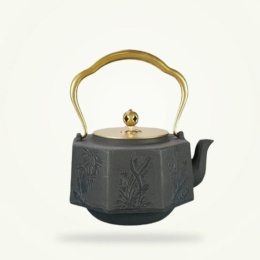 Japanese cast iron teapot 1.2L handcrafted tetsubin on plain background