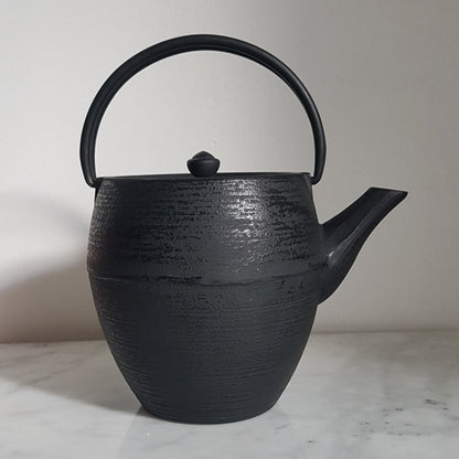 Japanese cast iron teapot on wooden table beside ceramic tea cup