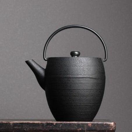 Enamel-coated cast iron teapot black finish, side handle detail