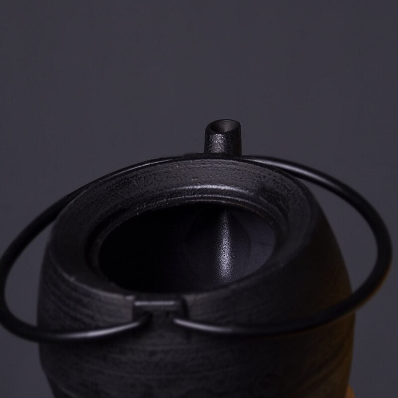 Cast iron teapot 1150ml enamel interior close-up, stainless infuser visible