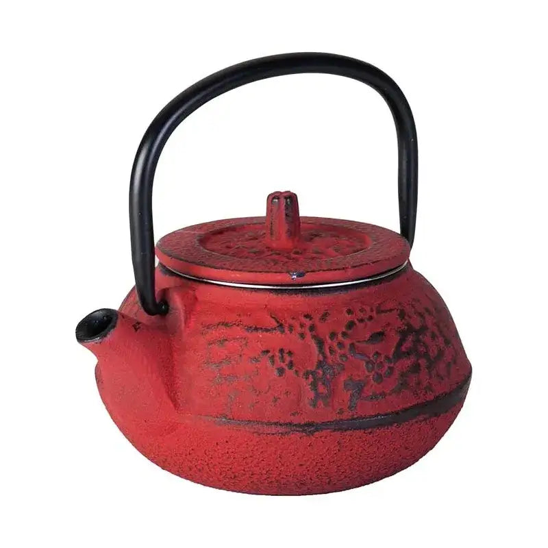 Red cast iron teapot with lid and handle