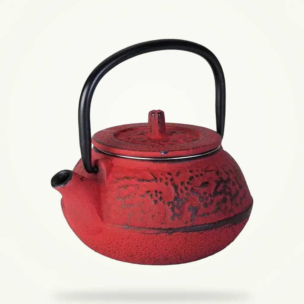 Japanese Cast Iron Teapot 25 oz Red Enamel Coated, product photo on a plain background