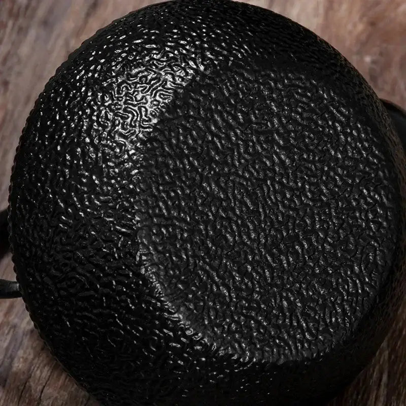 Cast iron teapot with stainless steel infuser removed, showing interior enamel coating