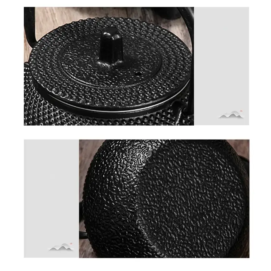 Japanese cast iron teapot 300ml with lid, infuser, and trivet laid out together