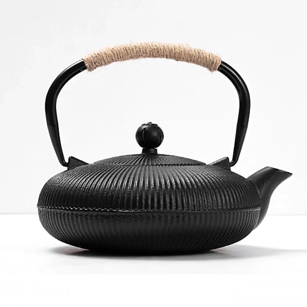 Japanese cast iron teapot with tea cup and leaves