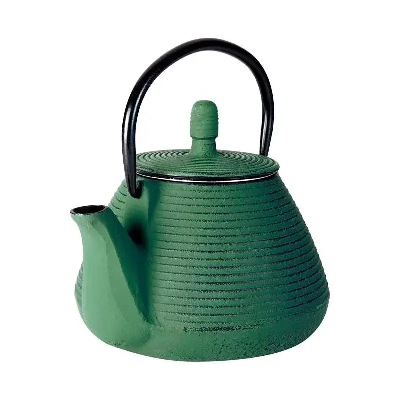 Green cast iron teapot with lid and infuser