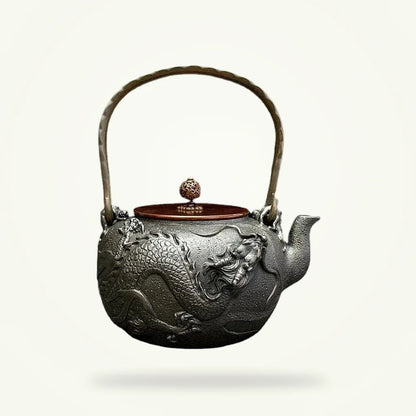 Japanese cast iron teapot dragon design 1.2L, front view on plain background