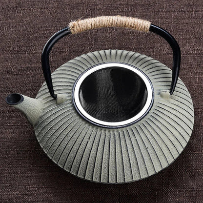 Japanese cast iron teapot tetsubin style in black with enamel-coated interior visible