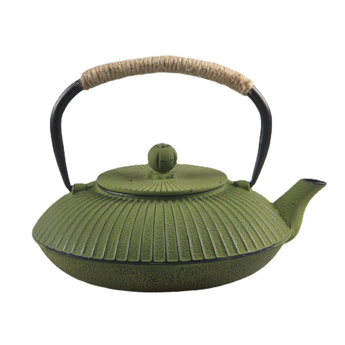 Gray cast iron flat tetsubin teapot with rope handle, side profile on neutral background