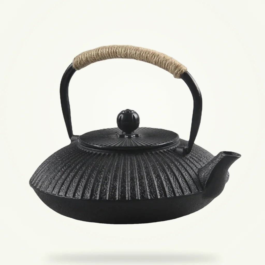 Japanese cast iron teapot flat tetsubin style 800 ml, three color options on plain background