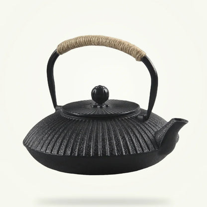 Japanese cast iron teapot flat tetsubin style 800 ml, three color options on plain background