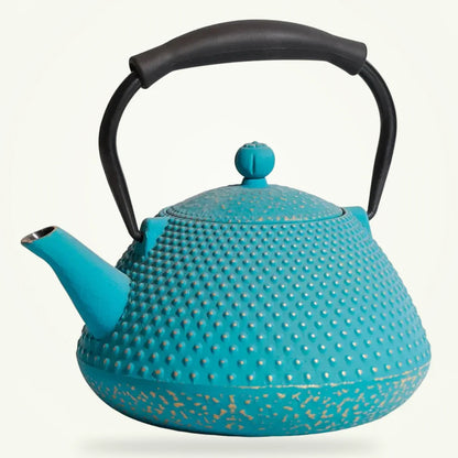 Japanese Cast Iron Teapot in Turquoise Blue, 780ml, product photo on a plain background