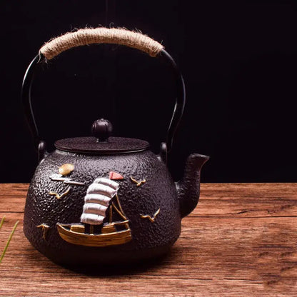 Cast iron teapot with boat motif, 1.2L