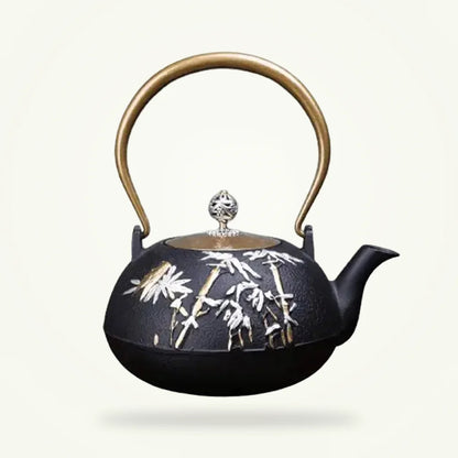 Japanese Cast Iron Teapot with Gold Bamboo Design, 1.2L, product photo on a plain background