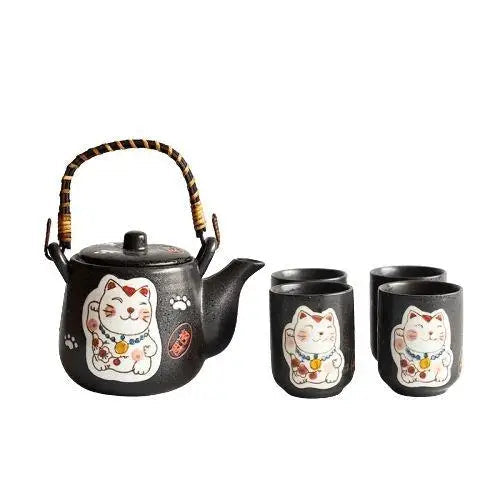 Japanese cat teapot set with four cups