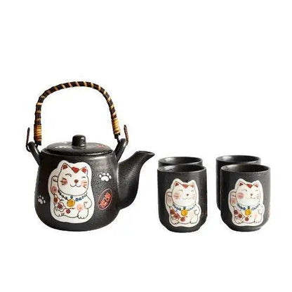 Japanese cat teapot set with four cups
