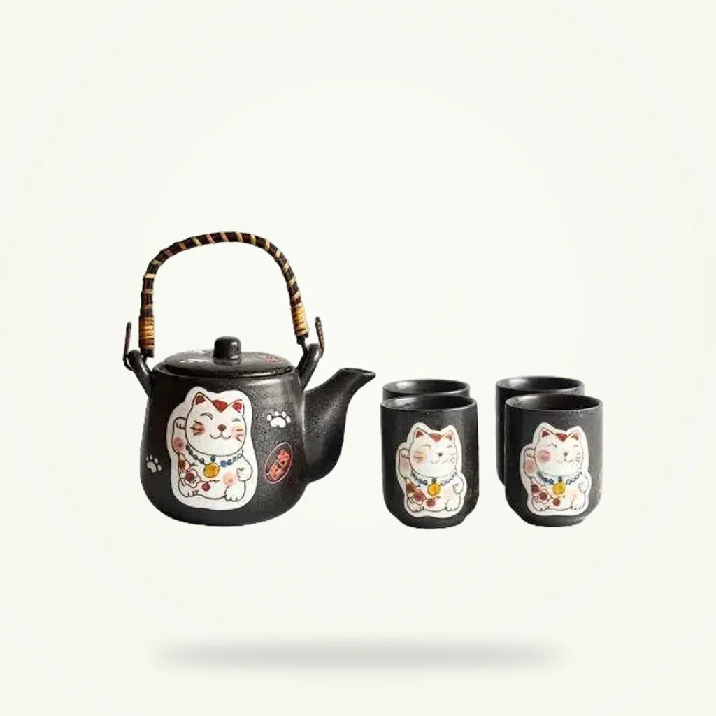 Japanese Cat Porcelain Teapot Set with 4 Cups, product photo on a plain background