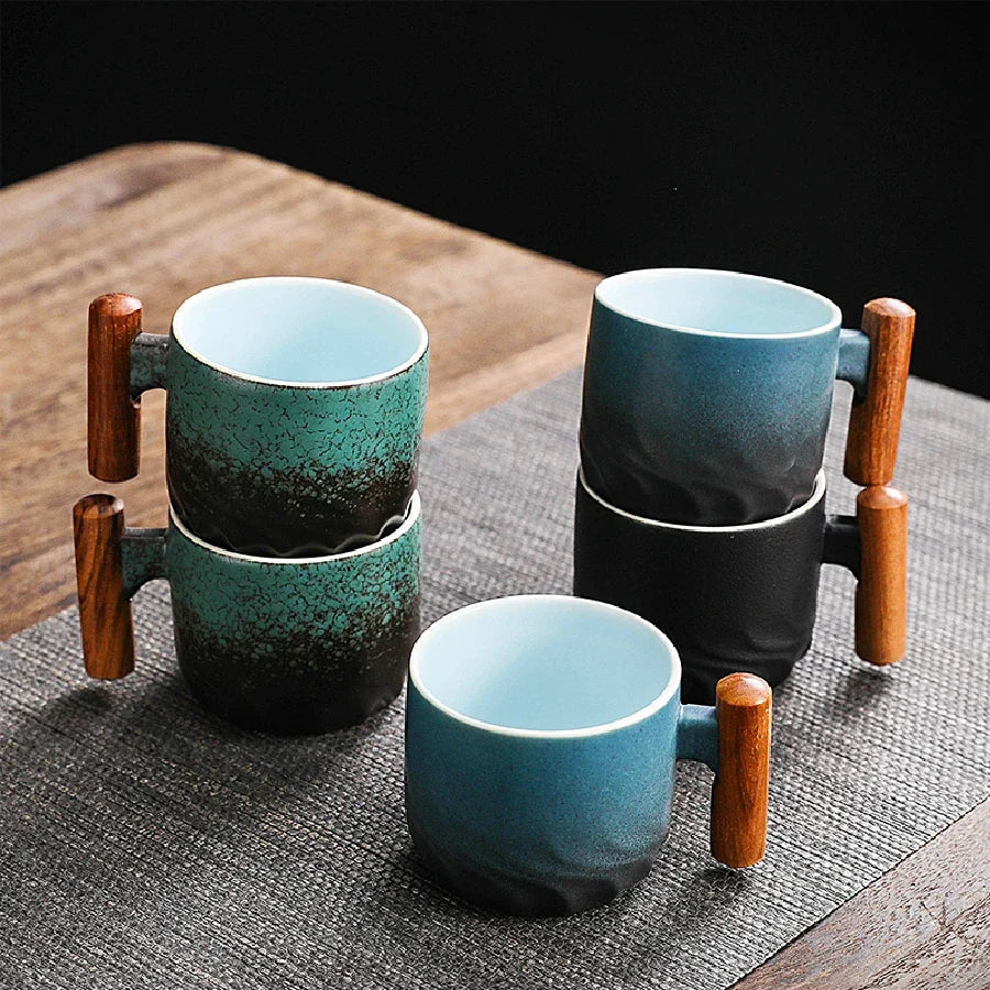 Close-up of natural wood handle on Japanese ceramic tea cup showing grain detail