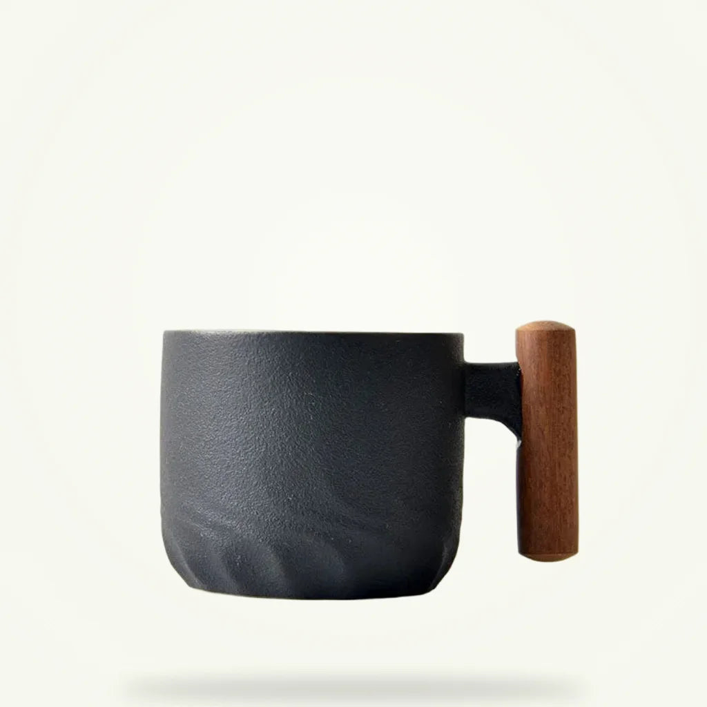 Japanese ceramic tea cup with wooden handle, full product view on neutral background