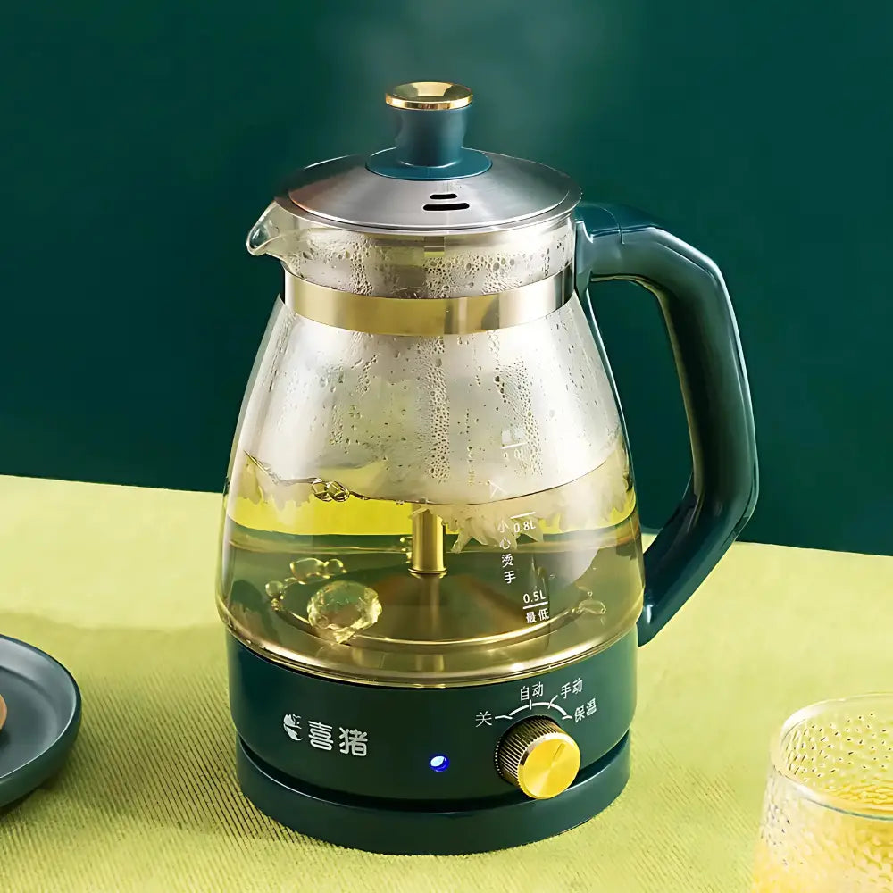 Green Japanese electric teapot with infuser, sage color variant