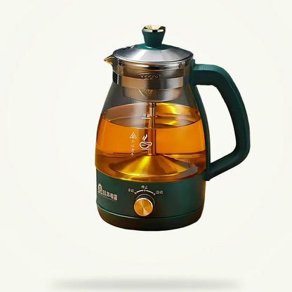 Japanese electric teapot with infuser, borosilicate glass carafe on plain background