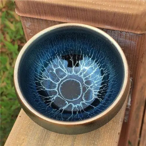 Tenmoku ceramic chawan for Japanese matcha tea ceremony, wide mouth for chasen whisking