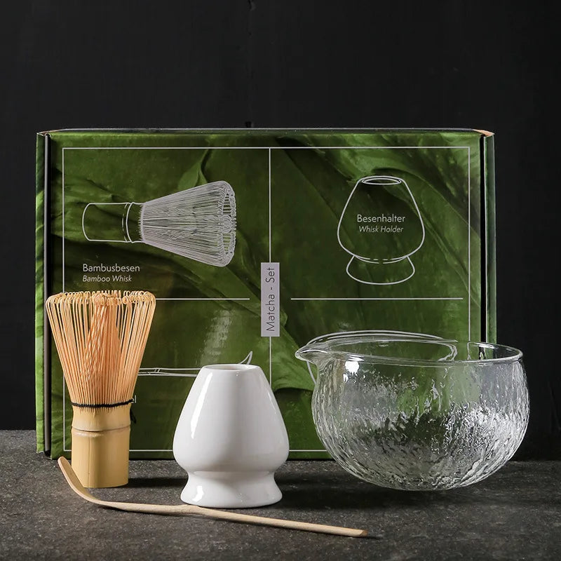 Japanese glass and bamboo matcha set complete view with whisk and bowl