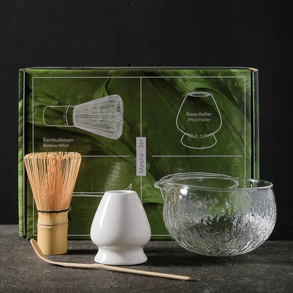 Japanese glass and bamboo matcha set complete view with whisk and bowl