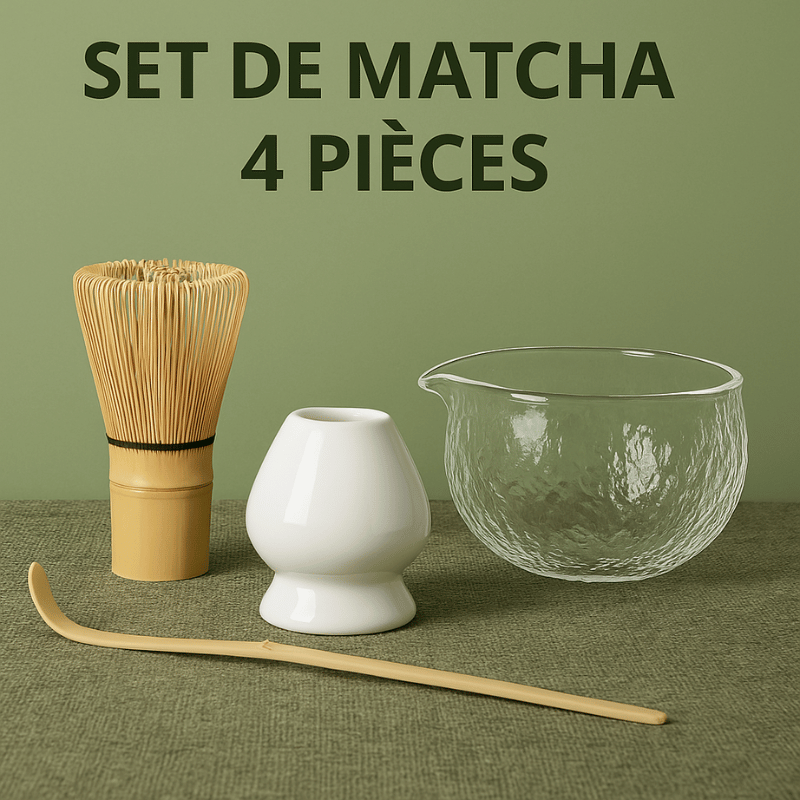 Japanese matcha set 4-piece glass and bamboo full contents laid flat