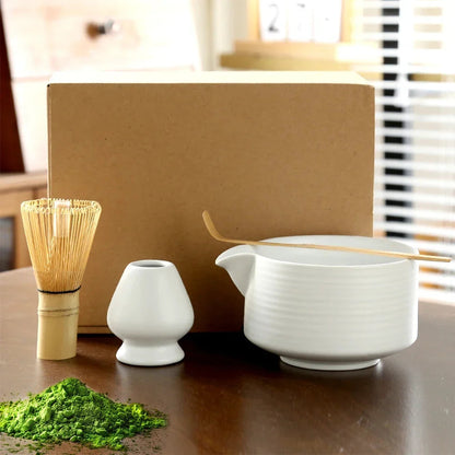 Lead-free ceramic matcha bowl with bamboo whisk and chasen holder side view