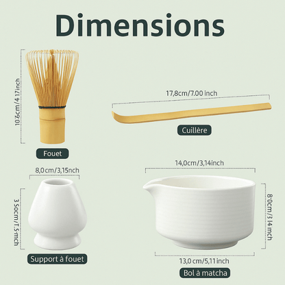 Traditional Japanese matcha set with bamboo chasen whisk and chashaku scoop on ceramic holder