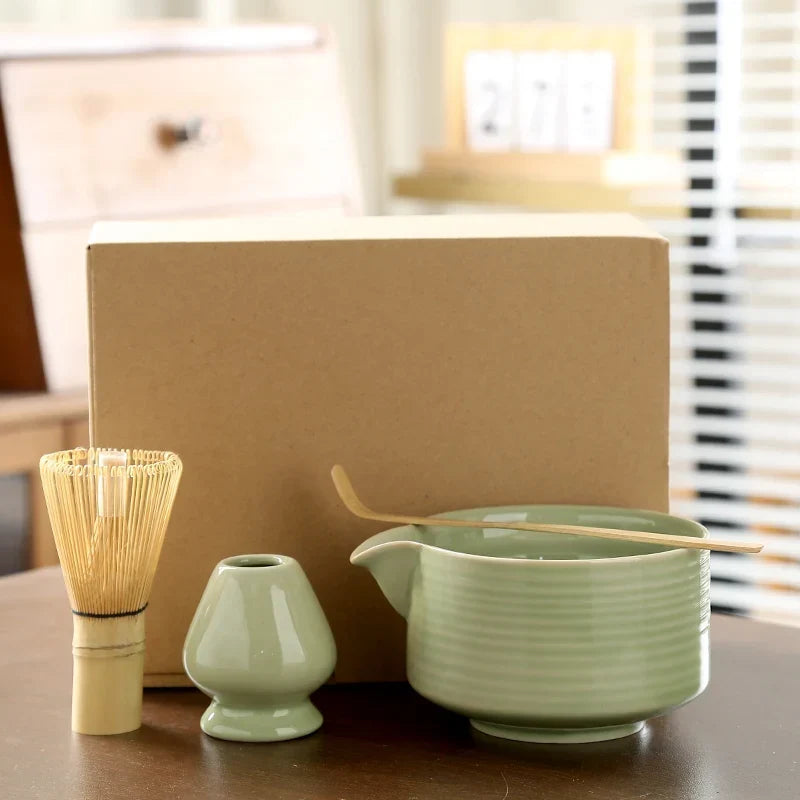 4-piece matcha set with chasen holder protecting bamboo whisk tines between uses