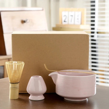 Japanese matcha set 4 piece in Cherry Blossom glaze with pink ceramic bowl and bamboo whisk