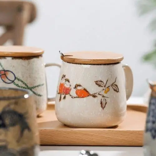 Japanese tea cup with magpie bird art