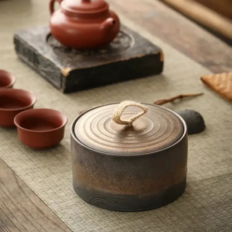 Japanese ceramic tea canister natural wood finish close-up