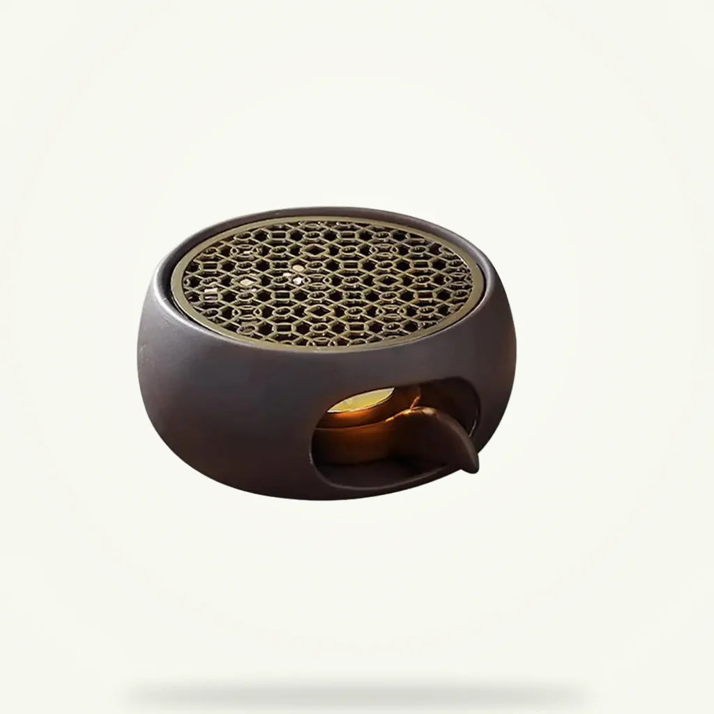 Japanese tea warmer with sculpted grid, full product view on plain background