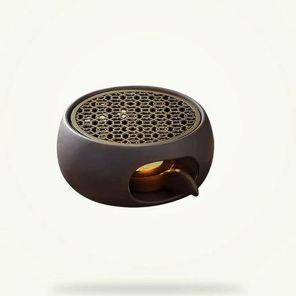 Japanese tea warmer with sculpted grid, full product view on plain background