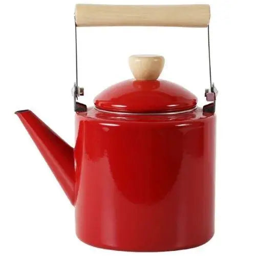 Vintage Japanese red porcelain teapot detail showing enamel finish and arched handle